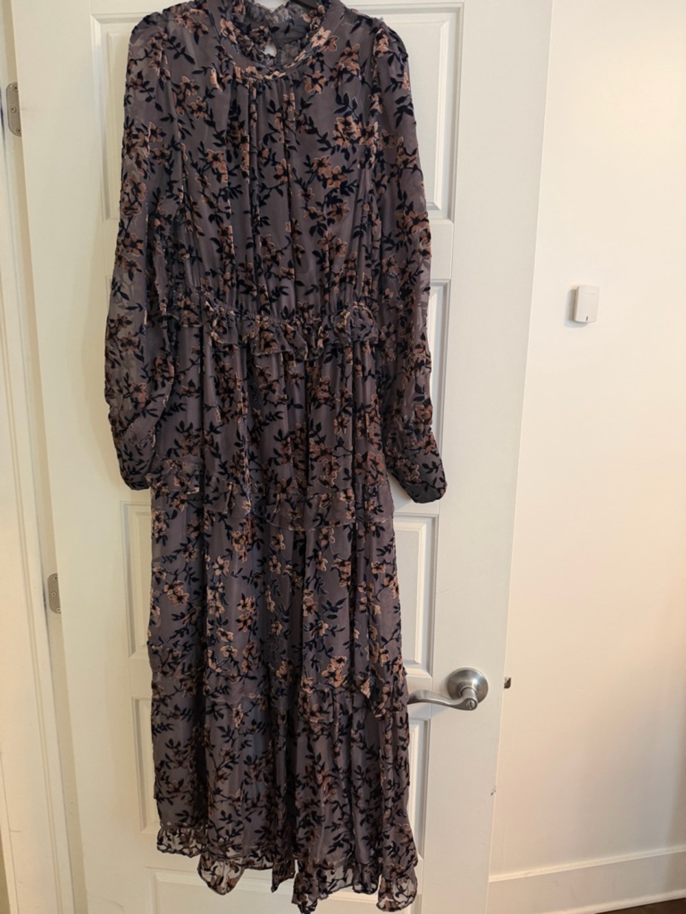 Floral Long Sleeve Ruffled Maxi Dress - Gray with Brown Floral
